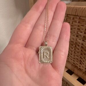 Gold Rectangle Medallion R Initial Necklace